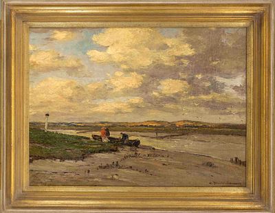 Wilhelm Hamb&uuml;chen (1869–1939), D&uuml;sseldorf School, Landscape on a Riverbank with Figures, oil on 