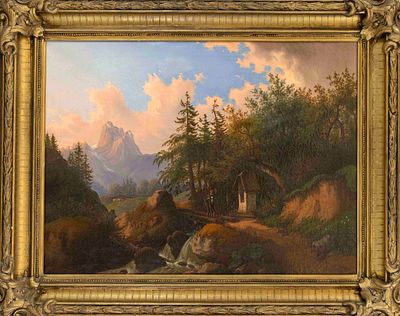 Unknown German artist, mid-19th century, Alpine idyll with a hiker at a wayside shrine, oil on 