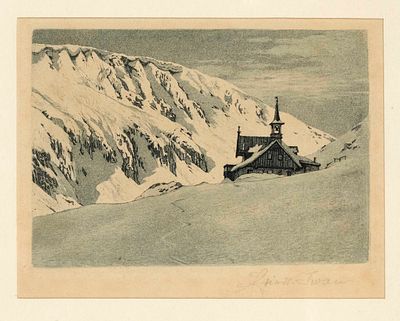 Friedrich Iwan (1889–1967), Hut with Chapel in a Snow-Covered Alpine Landscape, small etching 