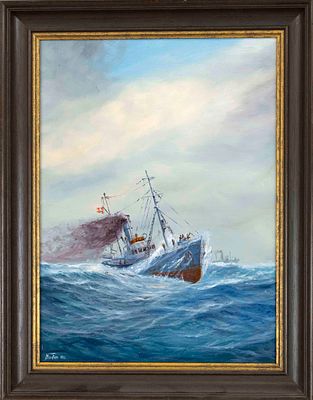 Hans Janssen, marine painter of the late 20th century, patrol boat at sea, oil on plywood 
