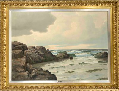 H. Wenzel, marine painter, mid-20th century, large seascape with rocky coastline, oil on canvas 