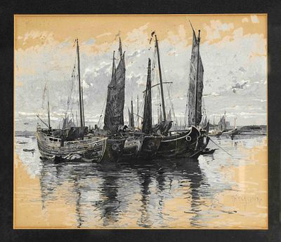 Albert Richter (1845–1898), Boats in the Harbor, gouache on sand-colored paper, signed lower 