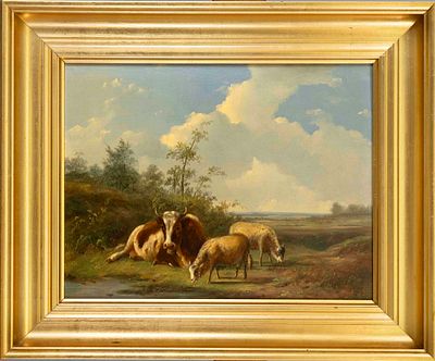 Pieter Jan Guise (1814–1859), Dutch painter of rural idylls, Landscape with a Resting Cow and 