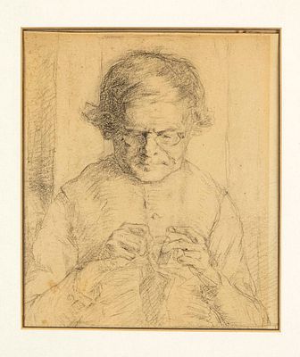 Hans am Ende (1864–1918), “Elderly Woman Crocheting,” pencil drawing on sand-colored paper 
