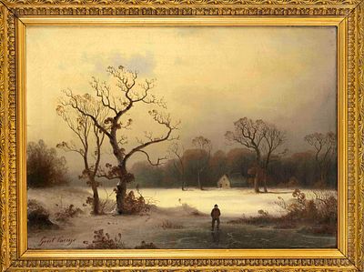 Johann Gustav Lange (1811–1887), Winter Landscape with a Figure in Front of a Small House, a 