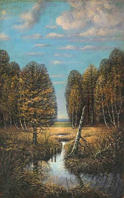 Unknown artist, circa 1900, birch trees in a moorland landscape, oil on canvas, faint residual 