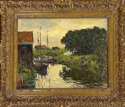 Hans von Hayek (1869–1940), Impressionist river landscape with fishermen’s cottages and boats 
