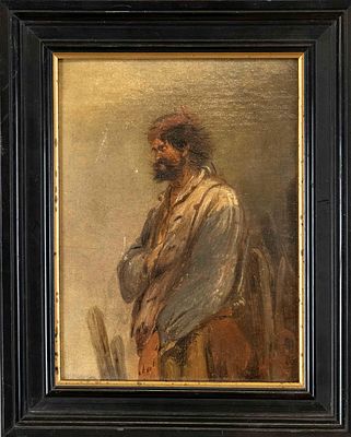 Monogramist “W.”, 19th-century genre painter, half-length portrait of a war veteran, oil study 