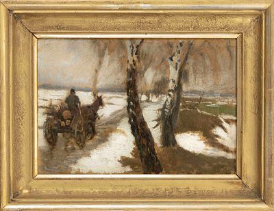 Unknown Impressionist, circa 1900, small winter landscape with a carriage on a path lined with 