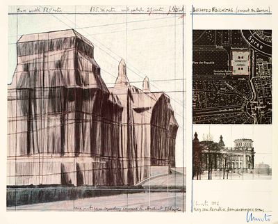 Christo (1935–2020), “Wrapped Reichstag,” color offset on vellum, hand-signed in blue lower 