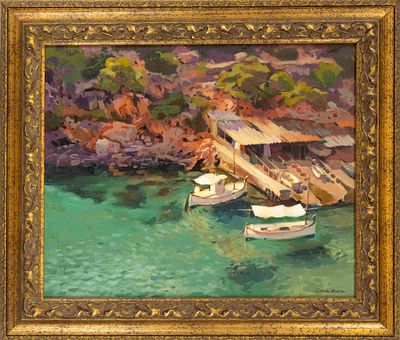 Carlos Carles Llad&oacute; (*1962), contemporary Mallorcan artist, ''Barques a Cala Pi'', oil on 