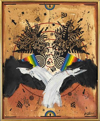 Georges Dussau (*1947), contemporary French artist, modern mixed-media composition on canvas 