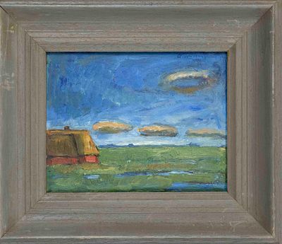 G&uuml;nther Heitmann (*1924), “Motif in Friesland,” oil on cardboard, signed lower right, titled 
