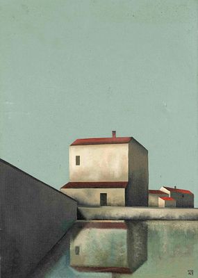 Wolfgang Koch (1933–2007), Berlin artist of Surrealism and magical realism. Mirrored House, oil 