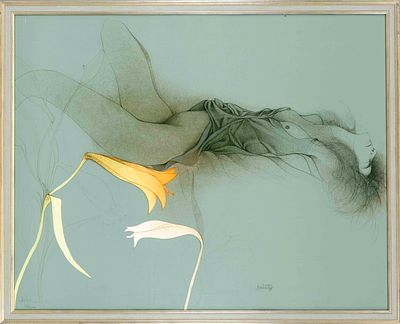 Bruno Bruni (*1935), Reclining Nude with Amaryllis, color lithograph, signed by hand lower 