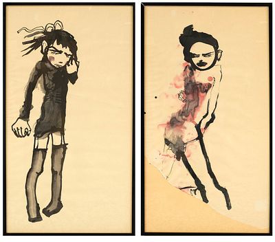 Unknown artist, late 20th century, two figurative works in ink and watercolor on paper 