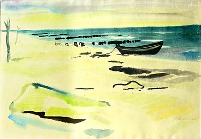 Ruth Klatte (1925–2025), German painter and graphic artist, Beach near K&ouml;lpinsee, watercolor on 