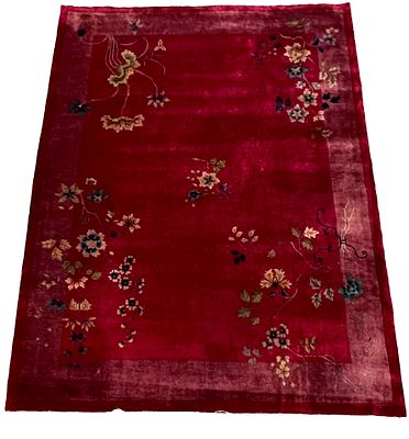 Rug, China, signs of wear, one corner with extensive moth damage, cleaned, short and frayed 