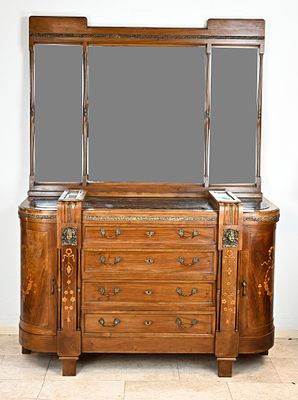 Art Nouveau sideboard with mirrored top, circa 1910, walnut inlay, bronze accents, 4-drawer 