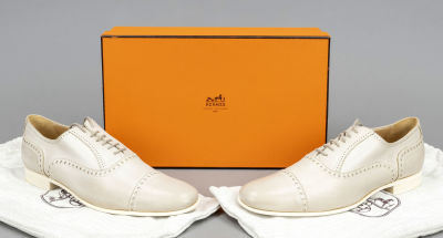 Hermes, classic lace-up shoe in Budapest style, soft sand-colored leather and other materials 