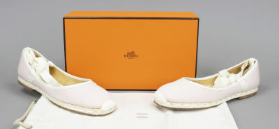 Hermes, lace-up ballerinas, powder-coloured fabric with white contrasting straps and other 