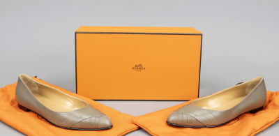 Hermes, ballerinas, taupe-colored leather in braided look and other materials, pointed toe 