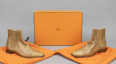 Hermes, Budapest-style ankle boots, caramel-colored kangaroo leather with side elastic inserts 