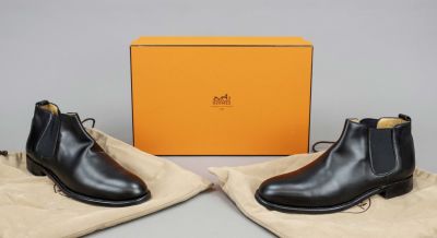 Hermes, short ankle boots, black leather with side elastic inserts and other materials, rounded 