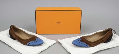Hermes, ballerinas, brown, blue and black suede and other materials, rounded toe cap, flat heel 