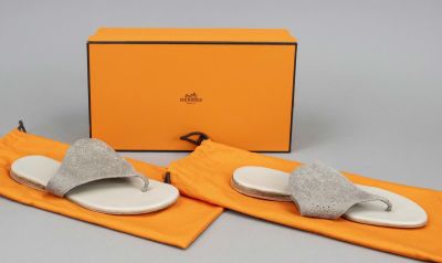 Hermes, toe separator sandals, roughened gray leather with logo perforation and other materials 