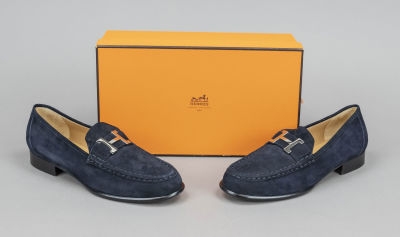 Hermes, slip-on shoe, midnight blue suede and other materials, silver-coloured decorative logo 