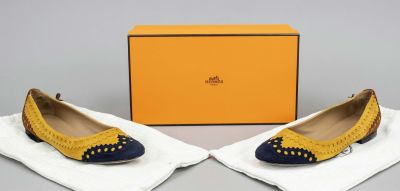 Hermes, ballerinas, ochre, brown and black suede and other materials, rounded toe, flat heel 