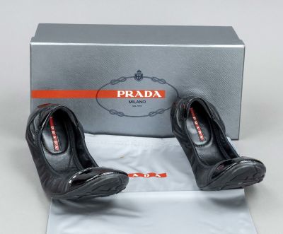 Prada, ballerinas with elastic band, soft black leather with details made of black patent 
