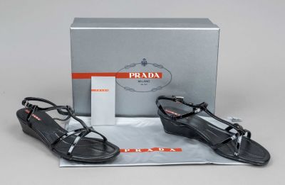 Prada, wedge sandals, black patent leather and other materials, round toe, heel height approx. 