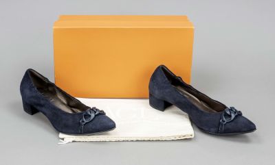 AGL, elegant low shoes with elastic band and block heel, midnight blue suede and other 