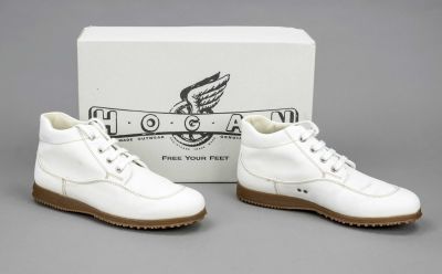 Hogan, sporty canvas lace-up shoe, cream white canvas and other materials, rounded toe, flat 
