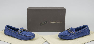 Bottega Veneta, moccasins, midnight blue suede, partially with brand-typical braided detail, as 