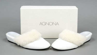 Agnona, slippers, white leather with lambskin trim and other materials, rounded toe, flat wedge 