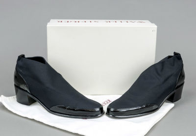 Walter Steiger, ankle-high slip-on shoes with block heel, black elastic textile fabric with 
