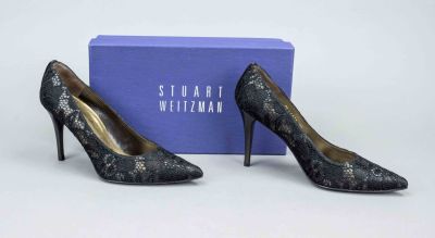 Stuart Weitzman, high heel pumps, bronze-colored smooth leather with black lace trim and other 
