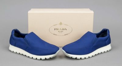 Prada, low top sneaker, navy blue nylon fabric with side elastic inserts and other materials 