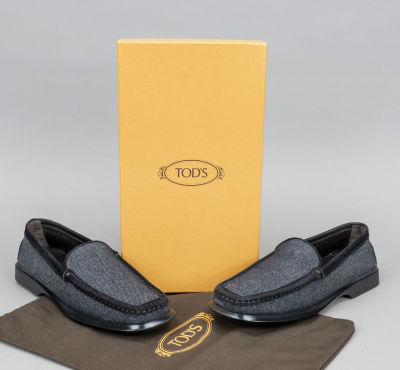 Tod's, classic loafers, anthracite-colored mottled fabric with black suede details and other 