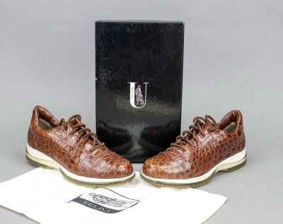Unützer, sporty low shoe, chestnut brown leather in crocodile look (real reptile leather?) and 