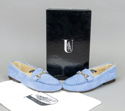 Unützer, moccasins, dove blue velvety soft suede with gold-coloured decorative buckle and other 