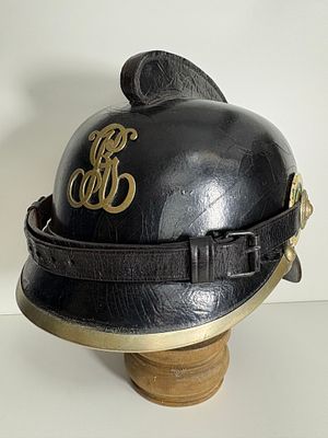Helmet of the J.G. Kl&ouml;bel Works Fire Brigade (Ebersbach/Sa.) – Monogram JGK – Rarity. For sale 