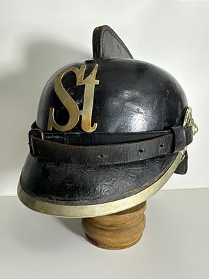 Historical Firefighter Helmet Dresden-STRIESEN – Monogram "St" – Saxony circa 1900. Volunteer 