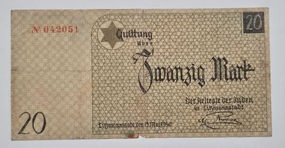 שטר 20 מארק - גטו לודז', 1940 נדיר עם סמני מים(בדך כלל אין סמני מים)