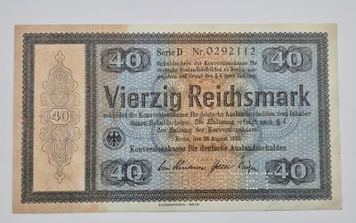 שטר 40 מארק 1933 שהונפק עבור יהודים (הסכם העברה) שרצו לעזוב את גרמניה לאחר עליית היטלר לשלטון 