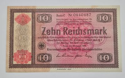 שטר 10 מארק 1934 שהונפק עבור יהודים (הסכם העברה) שרצו לעזוב את גרמניה לאחר עליית היטלר לשלטון 