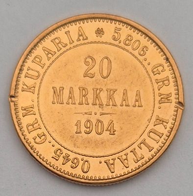 פינלנד(כיבוש רוסי) מטבע זהב 20 מארקה משנת 1904. זהב 0.900 
משקל 6.45 
עמלה 10%
